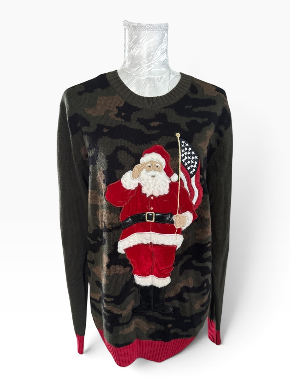 Ugly Christmas Sweater brand Camouflage Holiday Sweater with Red Santa Applique